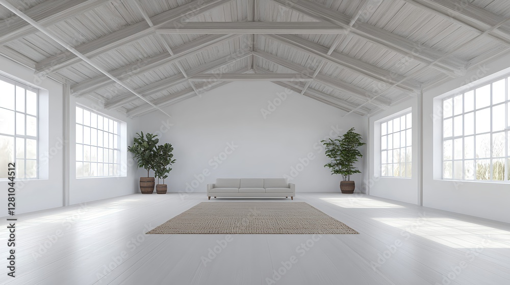Fototapeta premium Serene Interior of Old Barn Featuring White Walls and Natural Elements