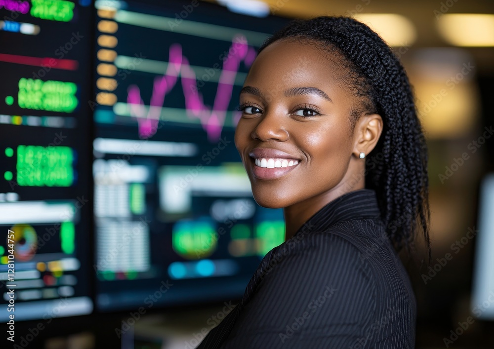A woman working at night in an office, focusing on big data, logistics, and UX, is a prime example of digital, analytics, and business in action, and also assumes the role of a leader and designer in A woman working at night in an office, focusing on big data, logistics, and UX, is a prime example of digital, analytics, and business in action, and also assumes the role of a leader and designer in