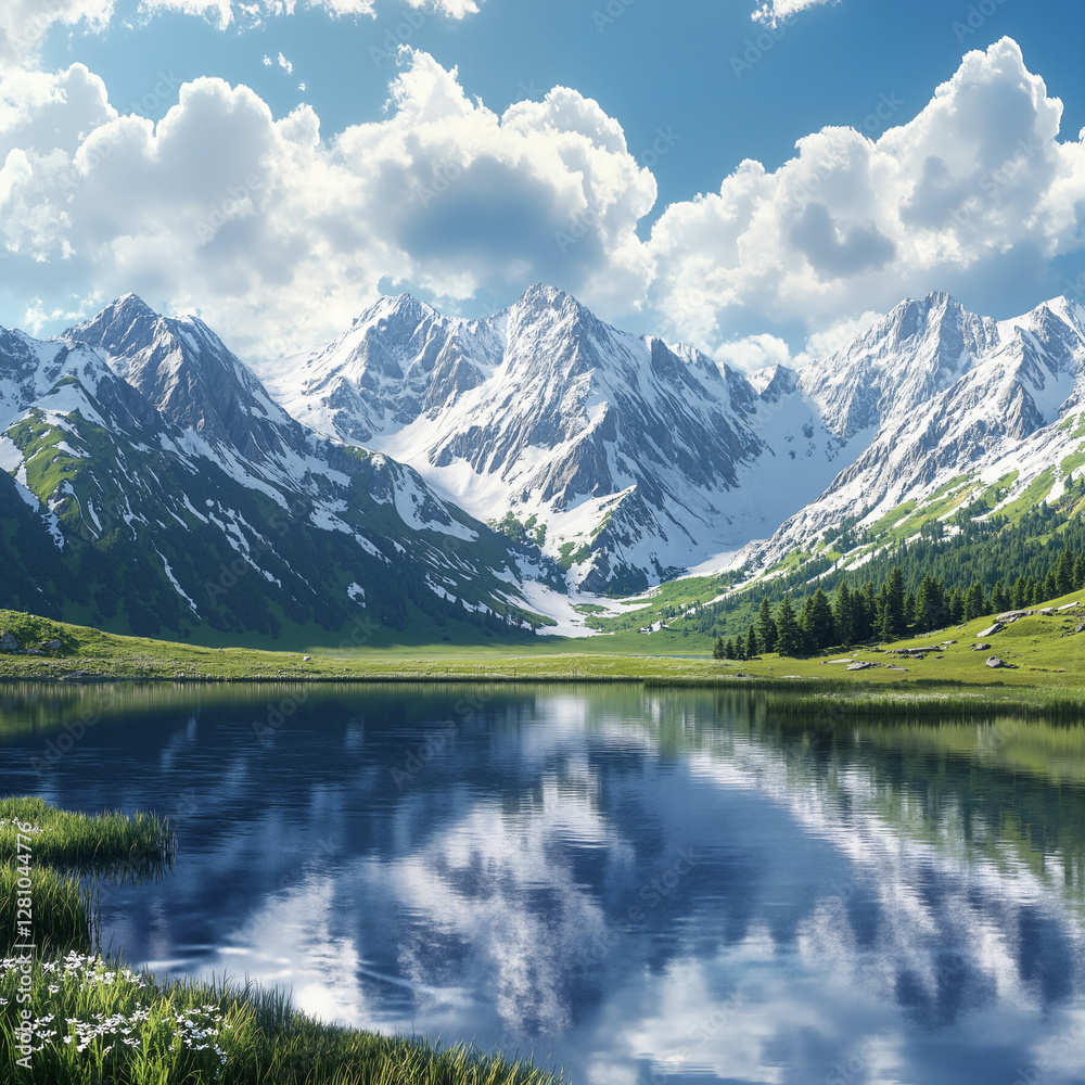 a beautiful mountain landscape with a lake in the foreground. The lake is surrounded by lush green grass and trees a beautiful mountain landscape with a lake in the foreground. The lake is surrounded by lush green grass and trees