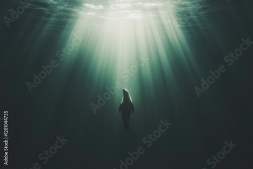 Mystical underwater scene with silhouette swimming toward shimme