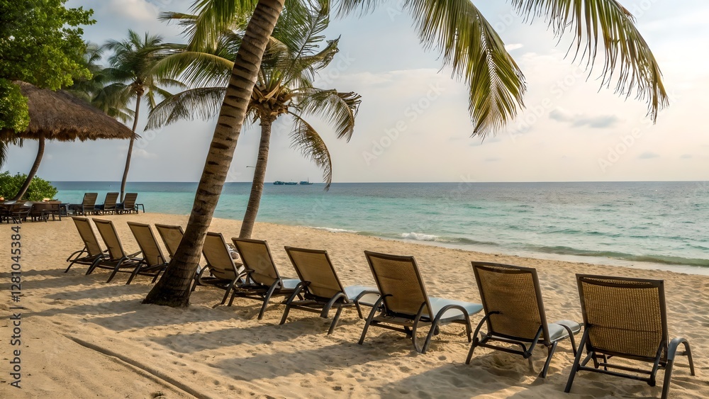 Tranquil Tropical Beach Scene with Empty Lounge Chairs