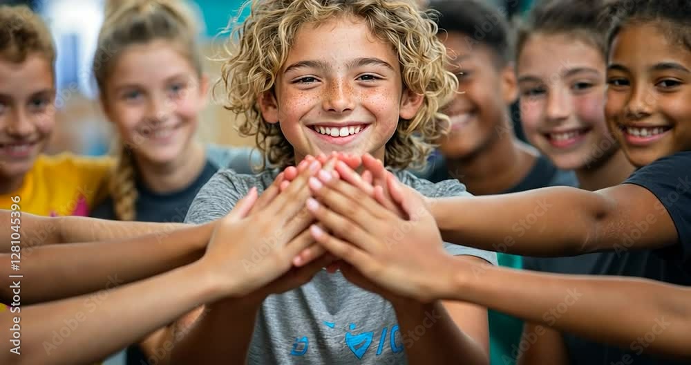 Group of Multiethnic Children Forming Hand Huddle and Smiling at Camera with Light Background Group of Multiethnic Children Forming Hand Huddle and Smiling at Camera with Light Background