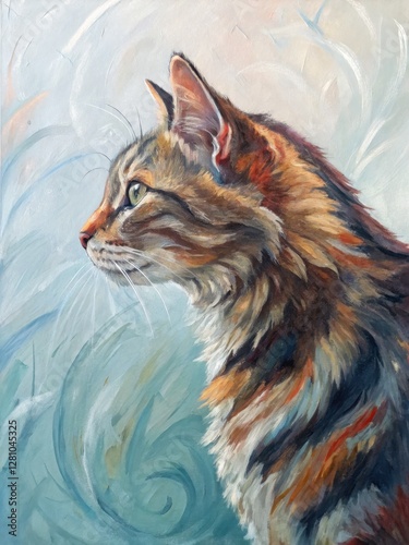 Majestic Cat Portrait Artistic Studio Oil Painting Soft Color Palette Side View Feline Beauty and Serenity photo