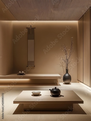 A minimalist interior scene is presented showing a peaceful room