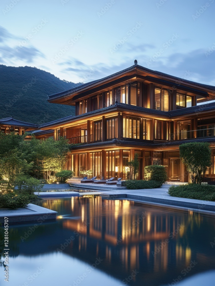 Obraz premium Luxury Japanese designed mansion situated near water and mountains