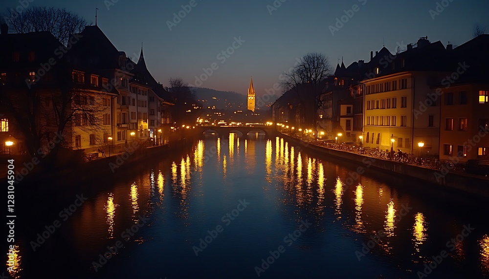 Fototapeta premium European River Town at Night