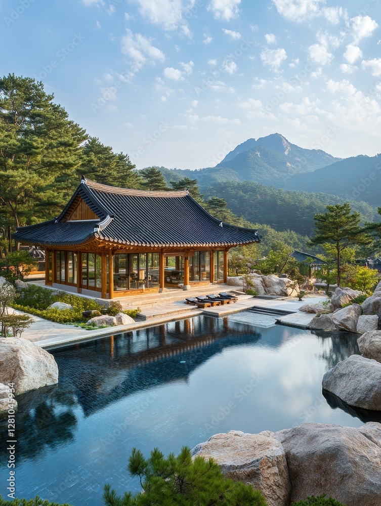 Naklejka premium A beautiful Asian style building stands beside a water pool