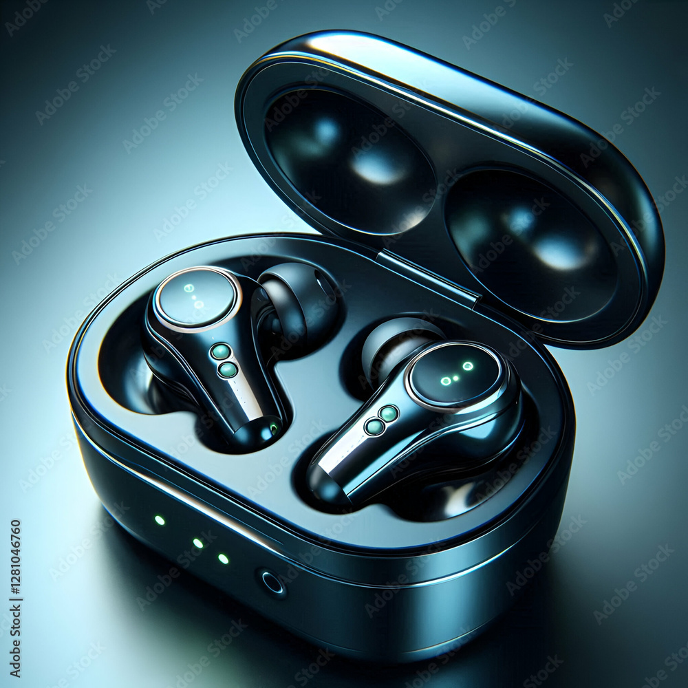 Sleek Wireless Earbuds in Charging Case on Reflective Surface Sleek Wireless Earbuds in Charging Case on Reflective Surface