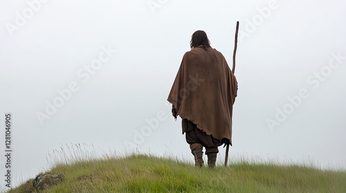 Old Man Walking on Irish Hillside in Foggy Weather with Staff