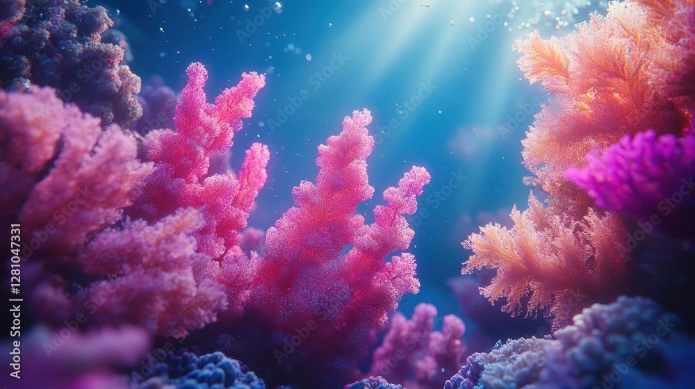 Fototapeta premium The undersea world with glowing holographic marine species, vibrant coral reefs, dynamic underwater lighting, photorealistic