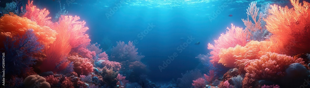Fototapeta premium The undersea world with glowing AR species identifiers, vibrant coral reef, soft ambient blue light, photorealistic