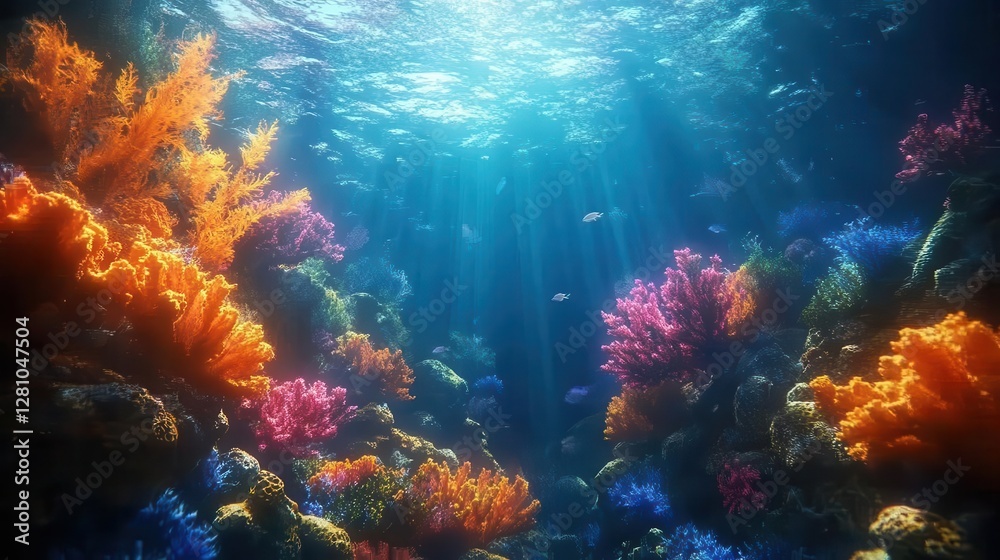 The undersea world with glowing holographic marine species, vibrant coral reefs, dynamic underwater lighting, photorealistic The undersea world with glowing holographic marine species, vibrant coral reefs, dynamic underwater lighting, photorealistic