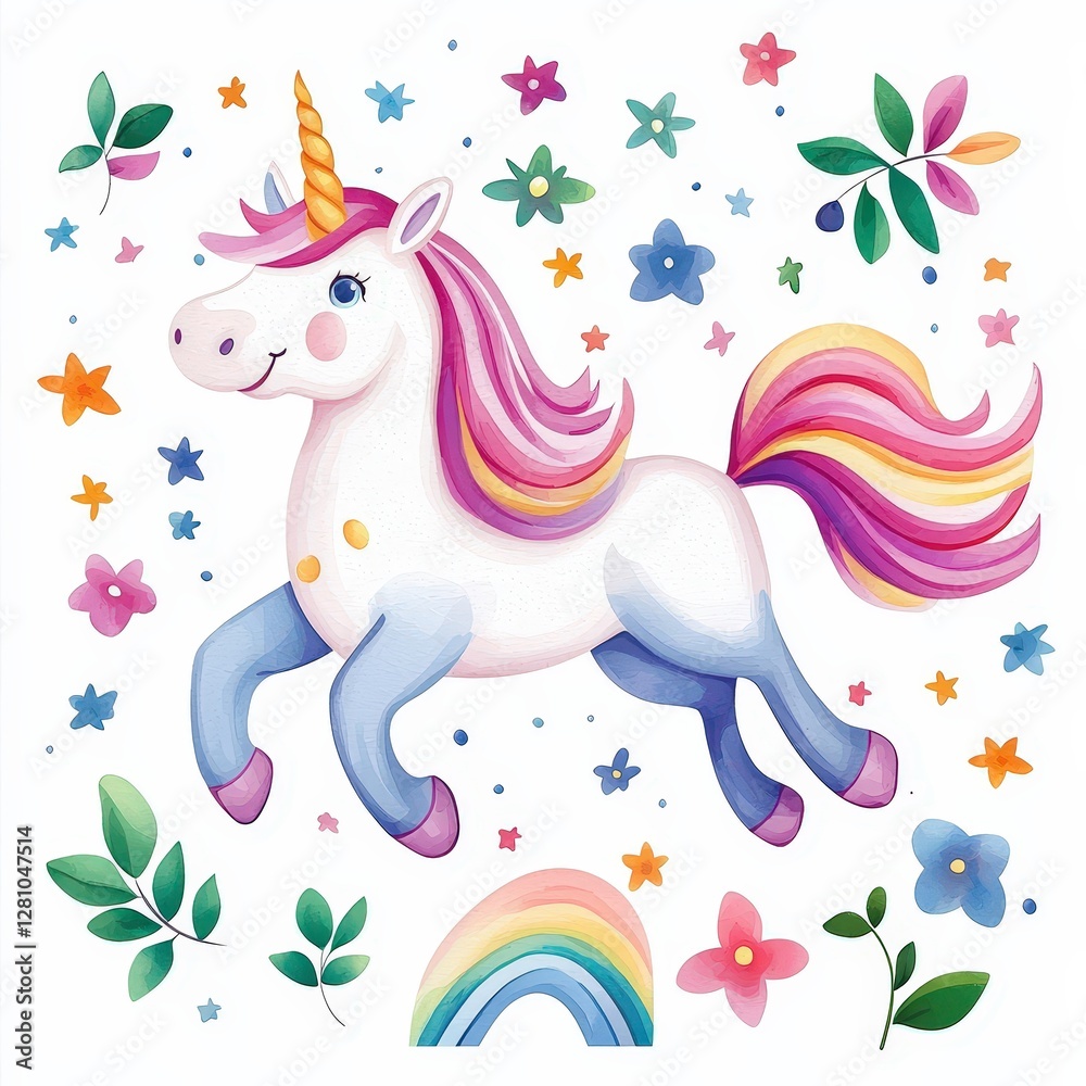 Fototapeta premium A whimsical unicorn with a colorful mane surrounded by flowers, stars, and leaves, creating a cheerful and magical atmosphere.