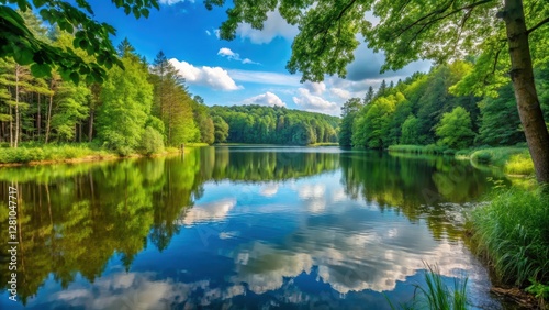 Serene lake surrounded by lush greenery and tall trees at Jezioro Luknajno bei Mikolajki in Masuren Ermland Polen , forest, Poland