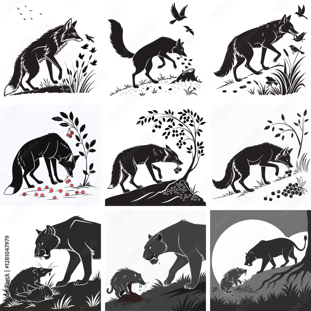 Naklejka premium Black & White Silhouette Illustrations: Foxes & Badgers in Nature, Wildlife Art, Animal Graphics, Vector Designs, Storybook Style Images