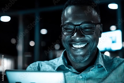 A happy black man is conducting research and reading information online at night in his Nigeria office, using a tablet to inform his marketing strategy and smiling at the positive results