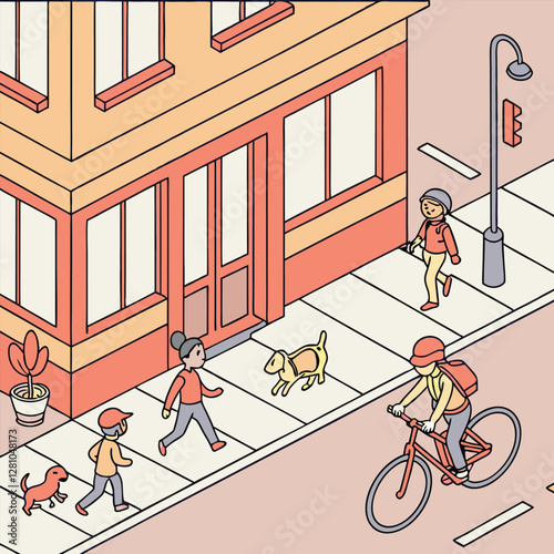 Crowd of tiny people walking with children or dogs, riding bicycles, standing, talking, running. Cartoon men and women performing outdoor activities on city street art and illustration 
