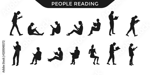 Silhouettes of people reading in various poses