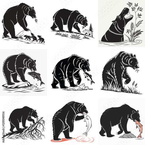 Black Bear Silhouette Vector Art: Wildlife Illustration Set of Bears Catching Fish, Walking, and Cubs Graphic Design Elements