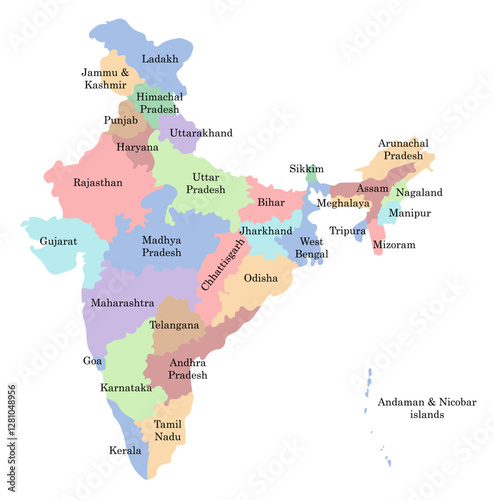 Hand drawn map of India with states, South-East Asia. Silhouette, geography. Vector isolated on white background	