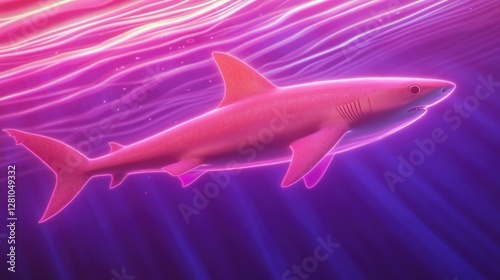 Vibrant pink shark glides through colorful underwater currents,
