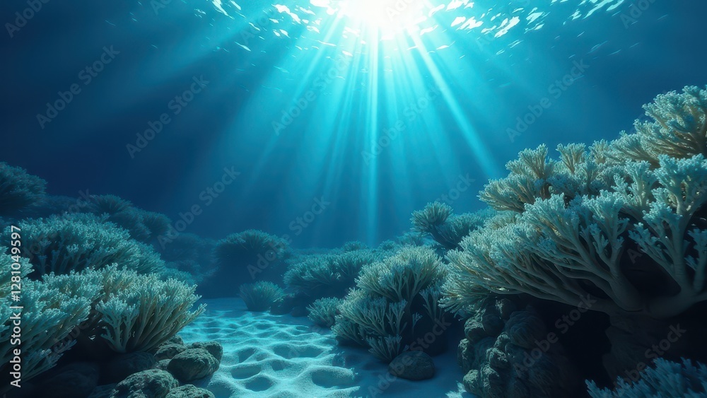 Fototapeta premium Underwater coral reef landscape affected by coral bleaching with sunlight 