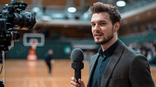 Confident sports reporter in a suit holding a microphone on a basketball court, ready for a live broadcast or post-game interview. photo