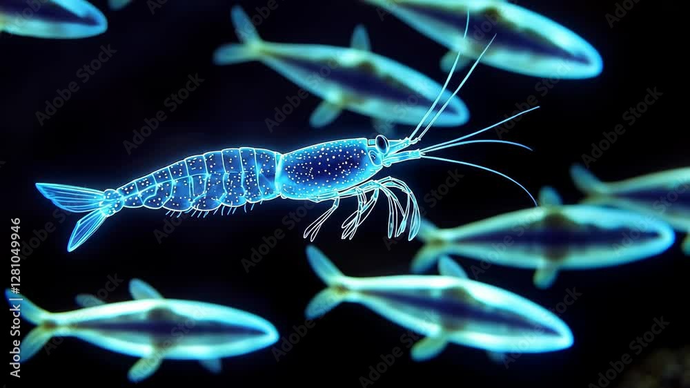 A glowing shrimp is prominently displayed among a school of fish in a dark underwater scene, showcasing marine life