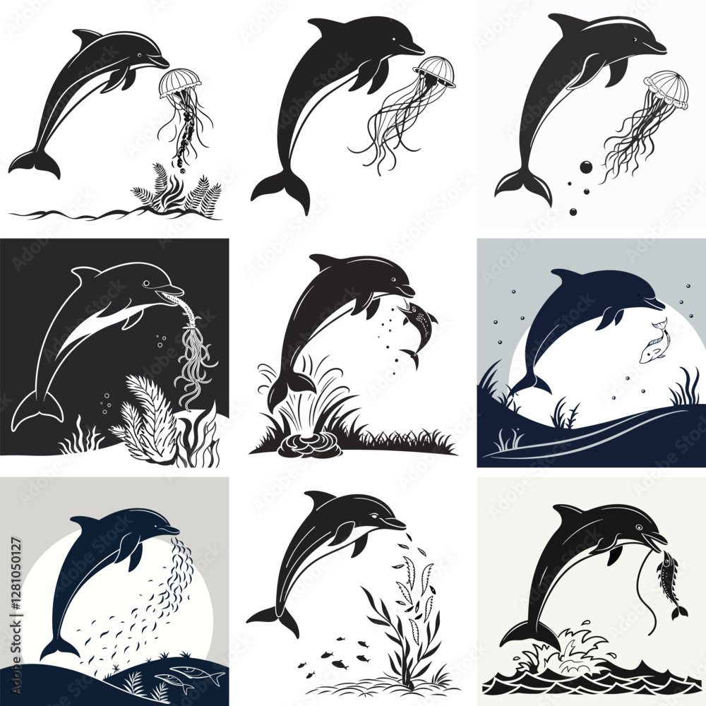 Naklejka premium Dolphin Silhouette Vector Art: Jumping Dolphins with Jellyfish, Fish, and Ocean Plants - Black & White Marine Life Illustrations