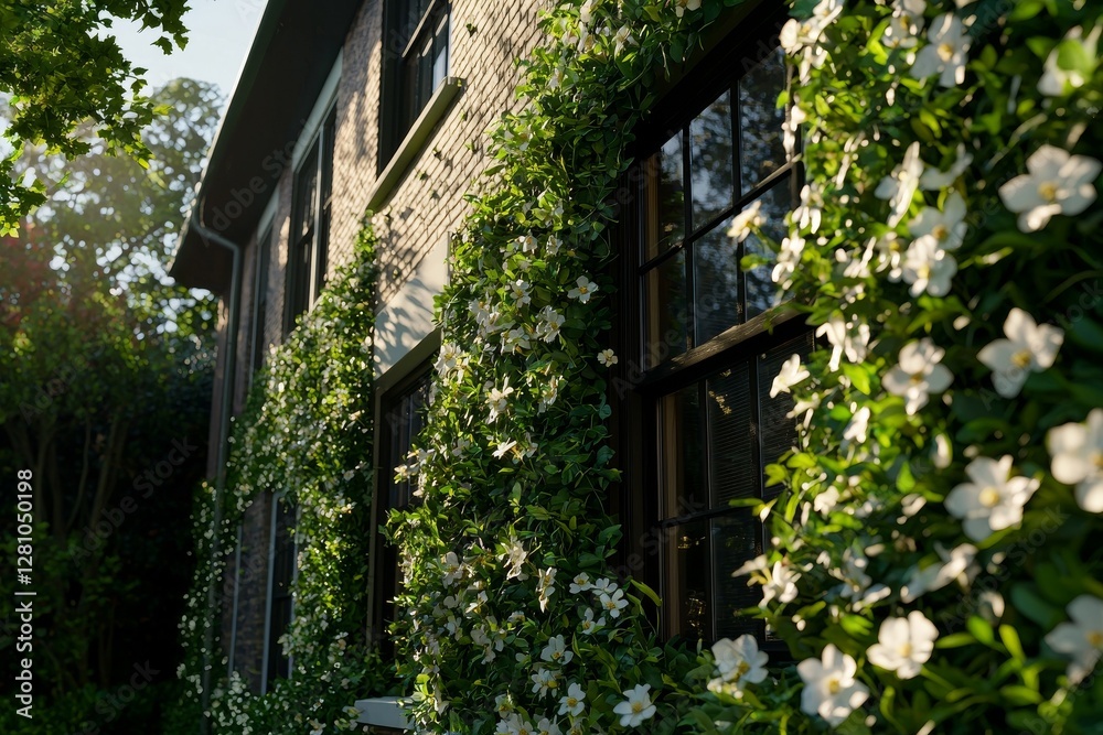 A green sustainable building's exterior is covered in blooming plants that hang vertically A green sustainable building's exterior is covered in blooming plants that hang vertically