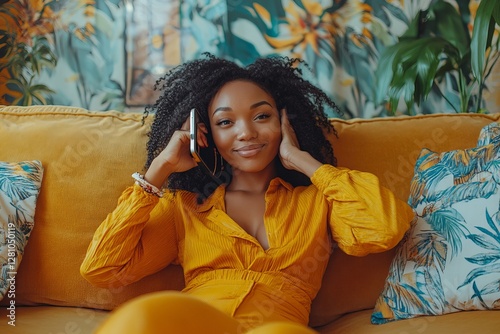 Happy black lady talking on cellphone while relaxing on her cozy sofa at home, having pleasant and funny conversation, Generative AI
