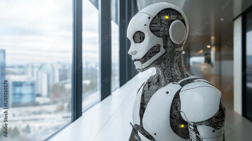 Futuristic AI robot standing by a large window, overlooking a cityscape, symbolizing innovation and efficiency in human resources. Futuristic AI robot standing by a large window, overlooking a cityscape, symbolizing innovation and efficiency in human resources.