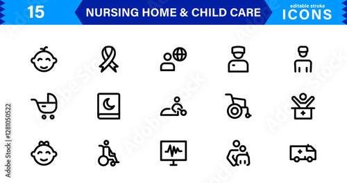 Nursing and Child Care Icon Set. Professional Vector Icons for Healthcare, Pediatrics, and Baby Care Designs