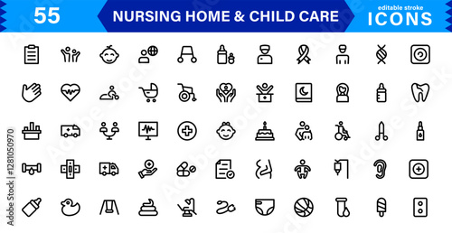 Nursing and Child Care Icon Set. Professional Vector Icons for Healthcare, Pediatrics, and Baby Care Designs