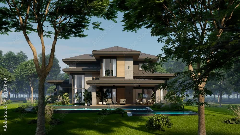 4K video rendering of modern two story house with gray and wood accents, large windows for sale or rent in luxurious style. Clear sunny summer day with blue sky. 4K video rendering of modern two story house with gray and wood accents, large windows for sale or rent in luxurious style. Clear sunny summer day with blue sky.