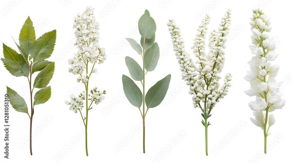 Obraz premium Delicate White Wildflowers and Green Leaves on Solid Background