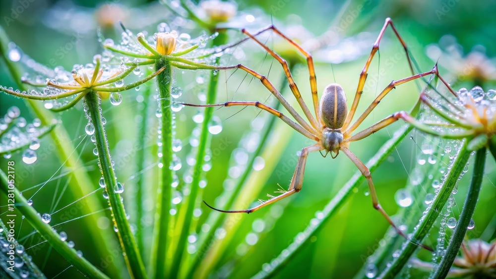A Dew-Kissed Spider on a Verdant Plant, Eight Legs Poised, a Tiny Hunter in a Macrocosm of Nature's Beauty A Dew-Kissed Spider on a Verdant Plant, Eight Legs Poised, a Tiny Hunter in a Macrocosm of Nature's Beauty