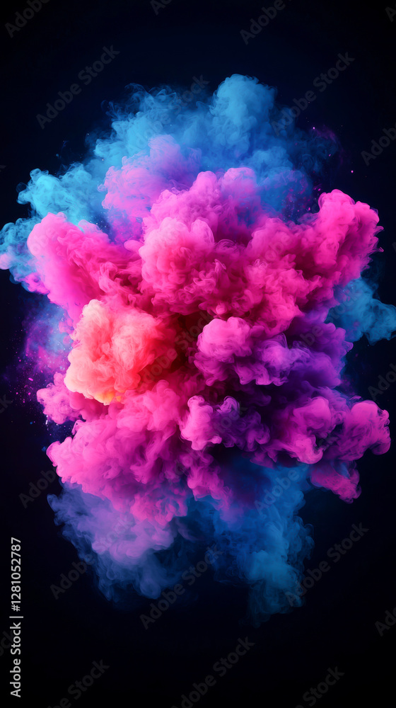 Fototapeta premium Vibrant explosion of pink and blue smoke against a dark background.