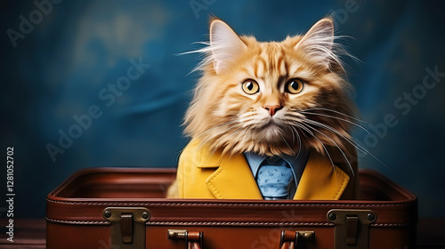 cat wearing bright suit sitting in suitcase.