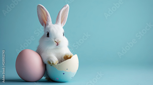 Cute Easter bunny rabbit with painted eggs