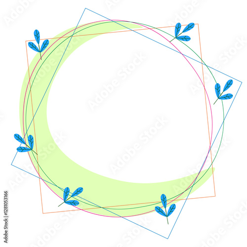 Beautiful elegant frame with natural elements. Circle, twigs, and  crescent moon. Colors used are yellow, blue, red, green and orange. Framing for text, photos and images.