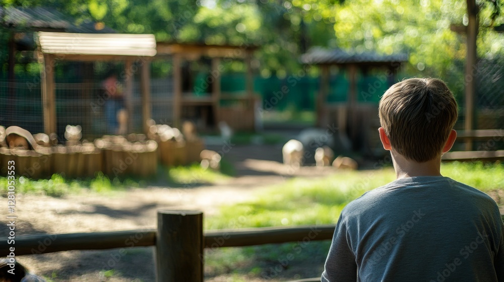 Child observing animals at a petting zoo, surrounded by greenery and wooden enclosures Child observing animals at a petting zoo, surrounded by greenery and wooden enclosures