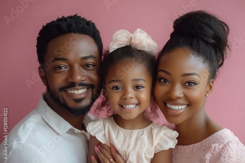 Portrait of young family of three, father, mother and pretty daughter smiling at camera, girl touching cheeks of her parents, pink background, Generative AI