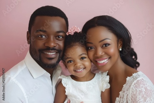 Portrait of young family of three, father, mother and pretty daughter smiling at camera, girl touching cheeks of her parents, pink background, Generative AI