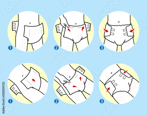 Icons set for instruction of using diaper pants for adults. The outline icons are well scalable and editable. Contrasting vector elements are good for different backgrounds. EPS10.	
