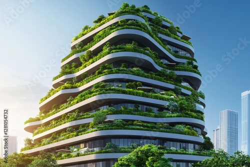 The city boasts a splendid environmental awareness with a vertical forest concept, blending civil architecture and natural biological life, and incorporating digital art generated by AI