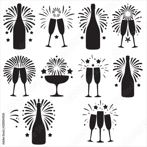 set of vector Champagne silhouette, Champagne bottle and glass fireworks cheers icon, champagne glasses, BOTTLE	
