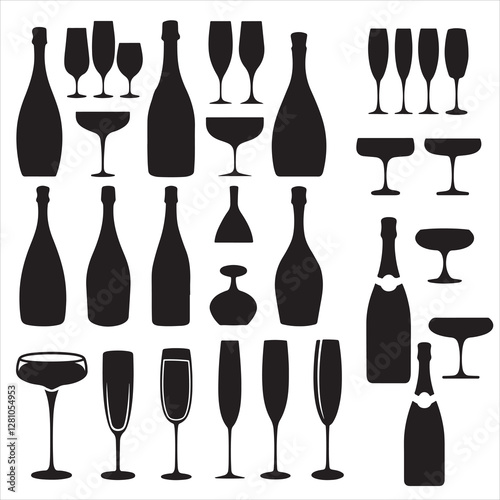 set of vector Champagne silhouette, Champagne bottle and glass fireworks cheers icon, champagne glasses, BOTTLE	
