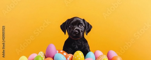 A cute black dog sits among colorful Easter eggs against a bright yellow background, creating a cheerful and festive atmosphere.