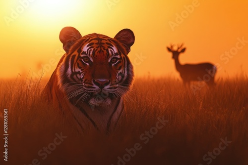 Majestic tiger watches over serene landscape at sunset, highligh photo